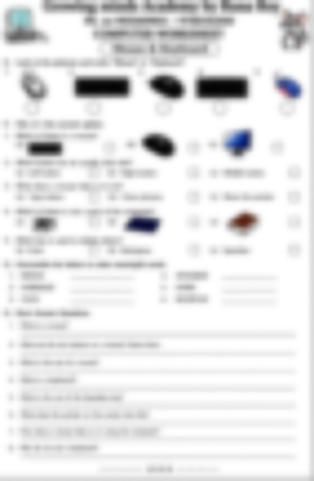 Class 1 Computer Worksheet: Mouse and Keyboard - page 1 preview