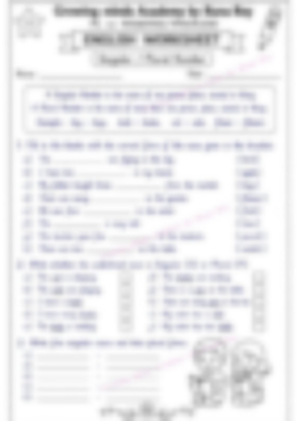 Class 1 English Grammar Worksheet: Singular and Plural - page 1 preview