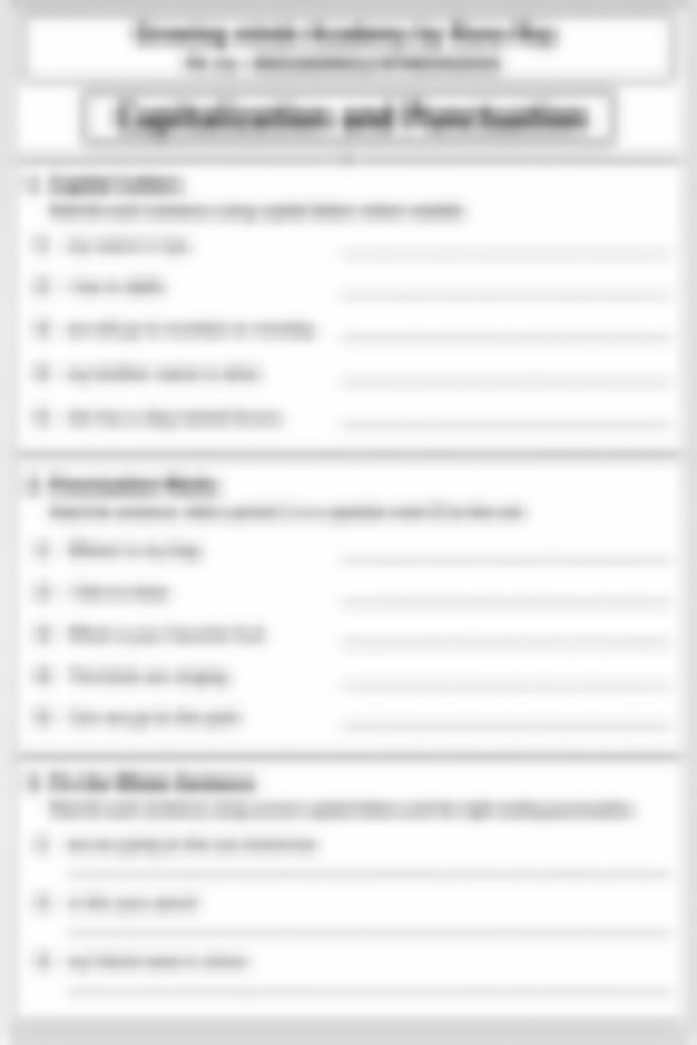 Class 1 English Grammar Worksheet: Punctuation and Capital Letters - page 1 preview