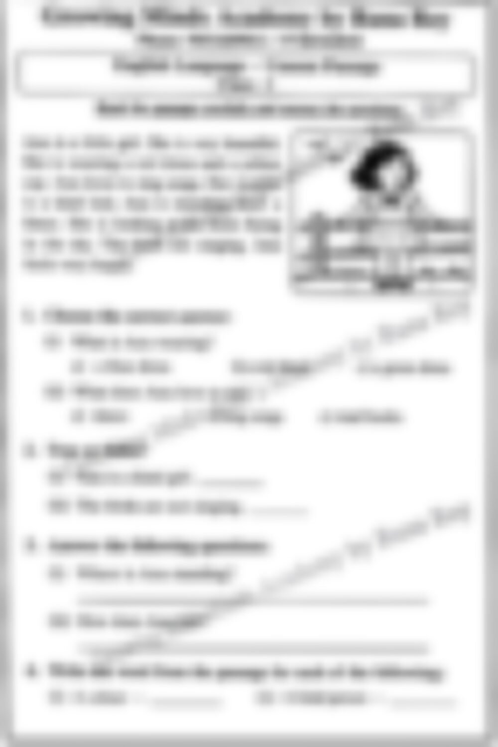 Class 1 English Grammar Worksheet: Unseen Passage - page 1 preview