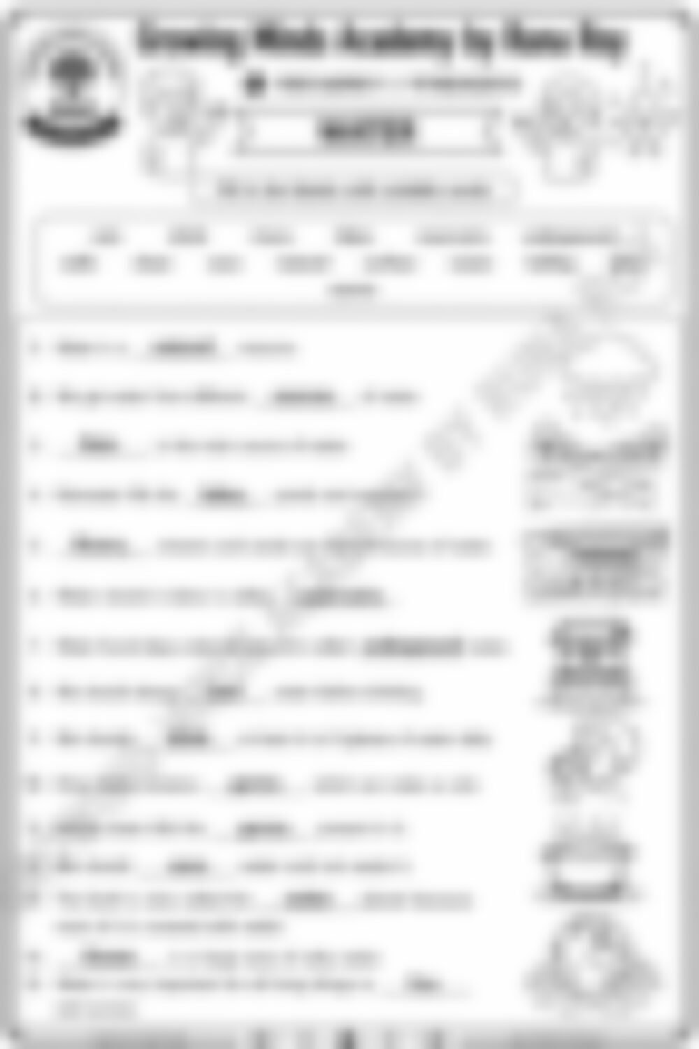 Class 1 EVS Worksheet: Water (Full Set, With Answers) - page 1 preview