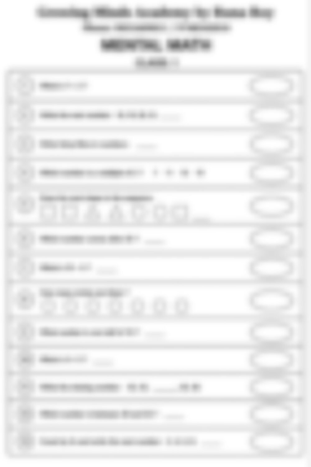 Class 1 Math Worksheet: Mental Math - page 1 preview