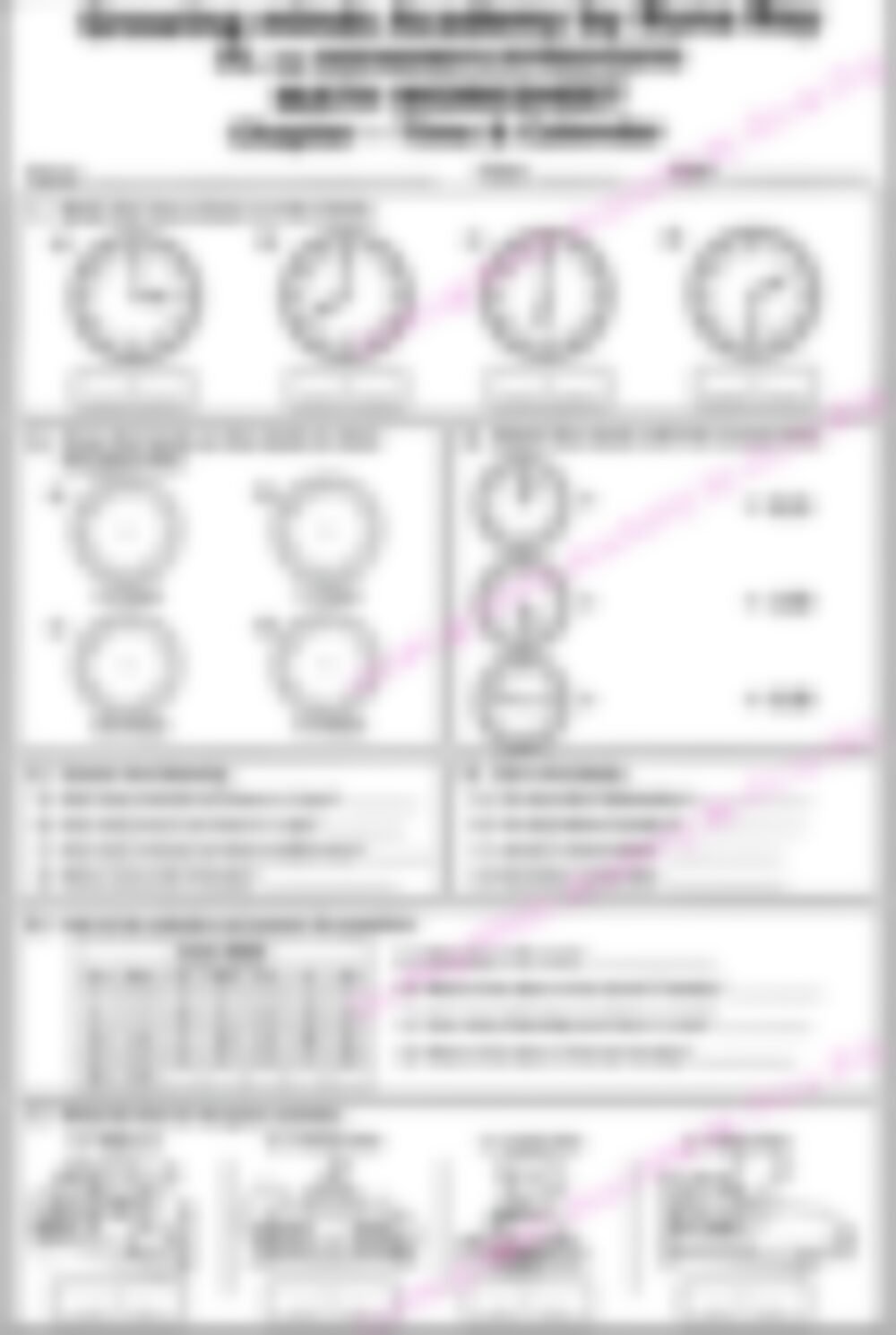 Class 1 Math Worksheet: Time, Calendar and Expanded Notation - page 1 preview