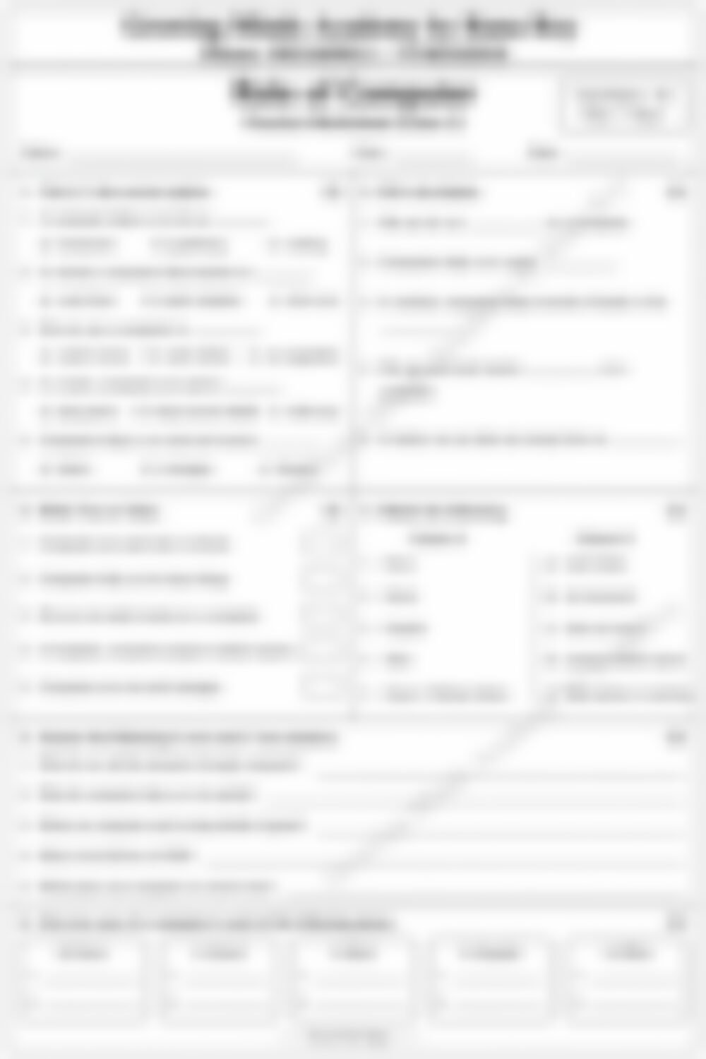Class 2 Computer Worksheet: Role of Computer - page 1 preview