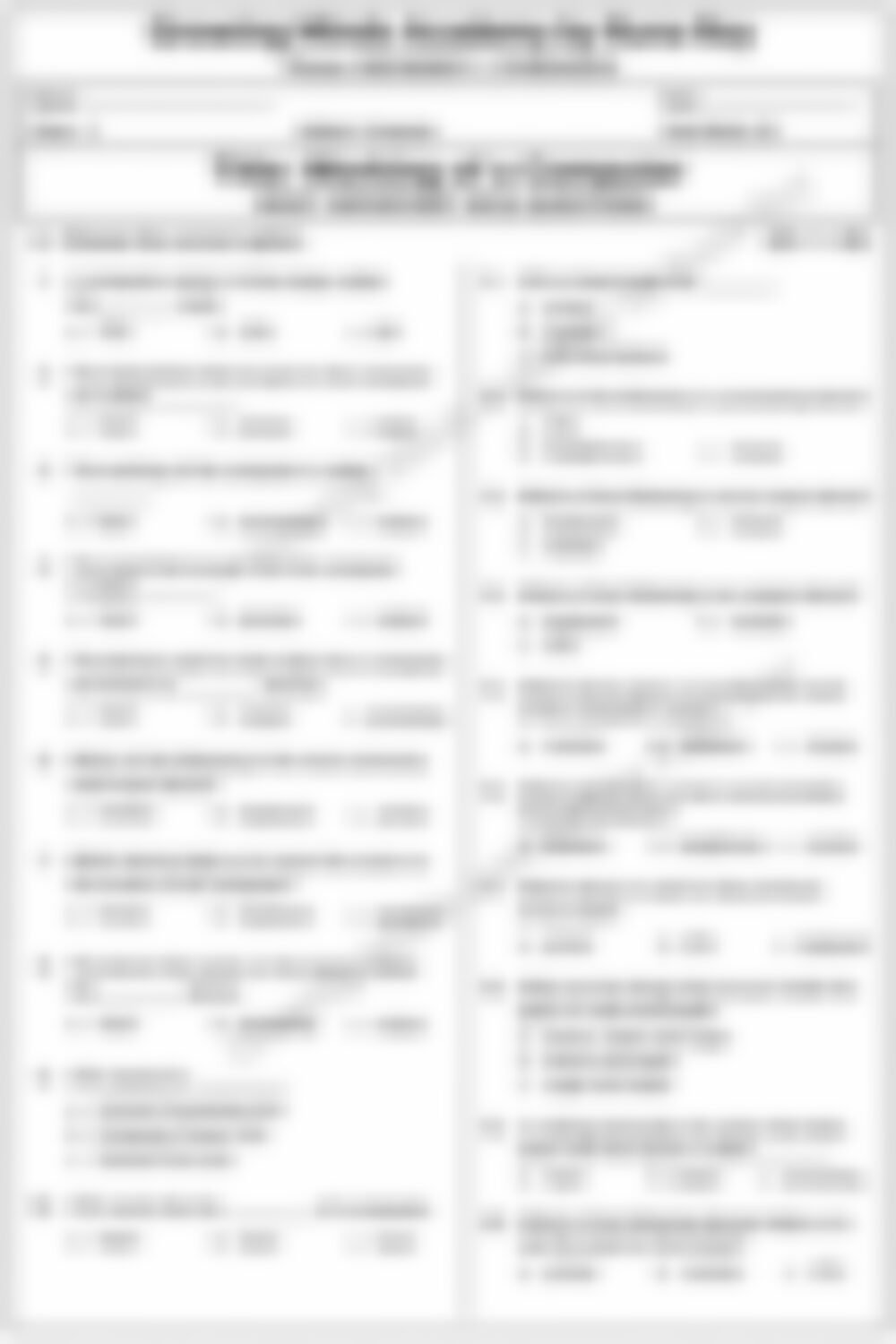 Class 2 Computer Worksheet: Working of a Computer - page 1 preview