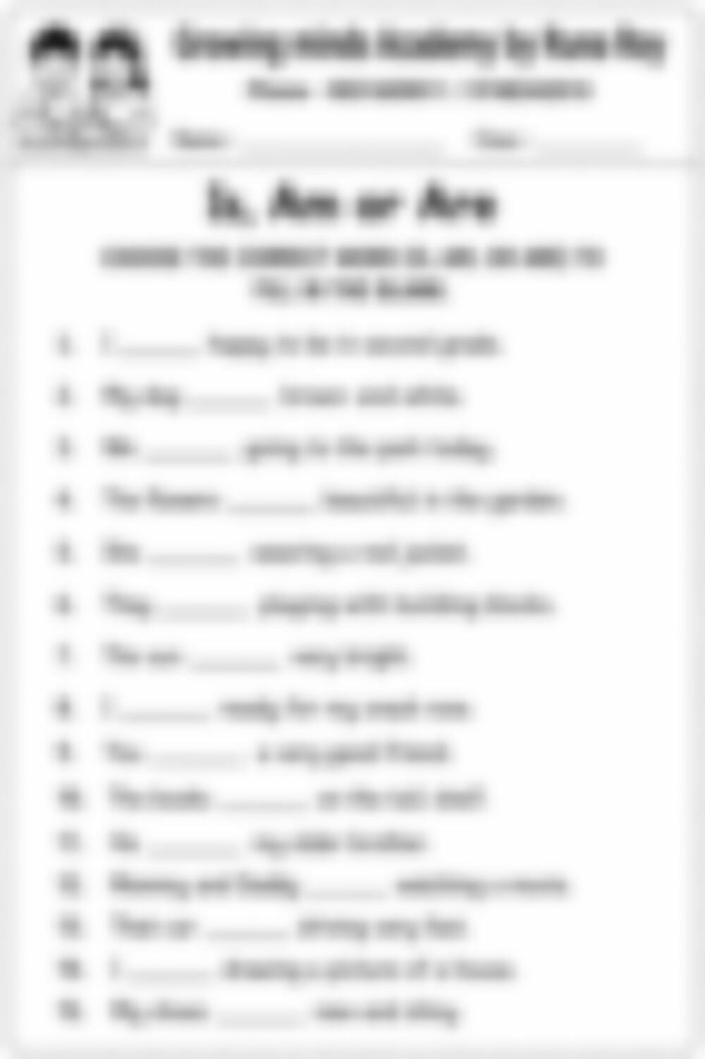 Class 2 English Grammar Worksheet: Am, Is or Are - page 1 preview