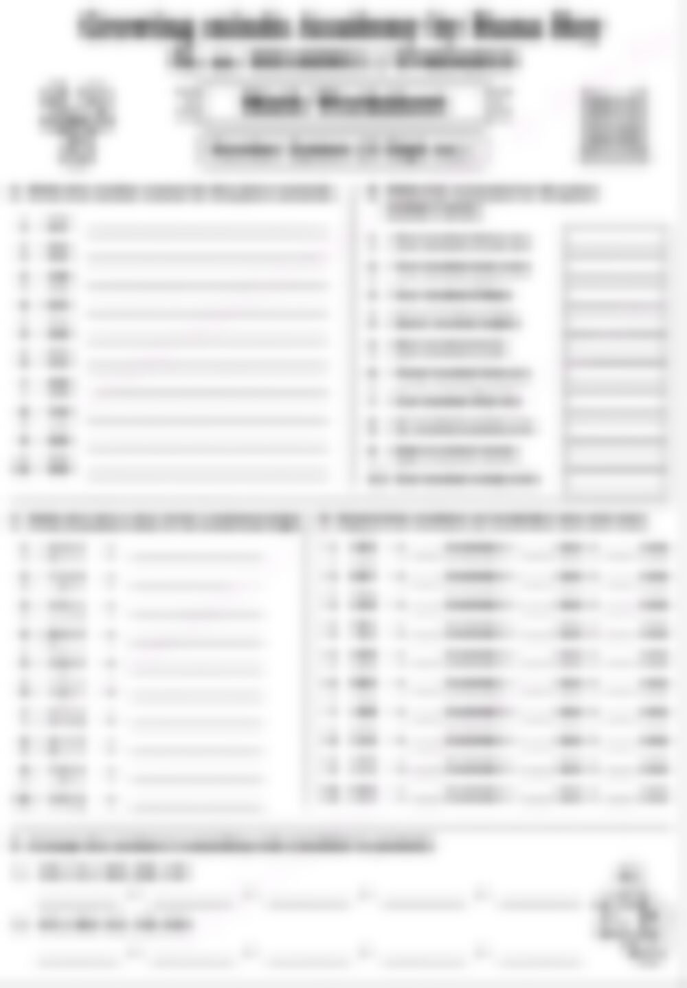 Class 2 Math Worksheet: Number System (3-Digit Numbers) - page 1 preview
