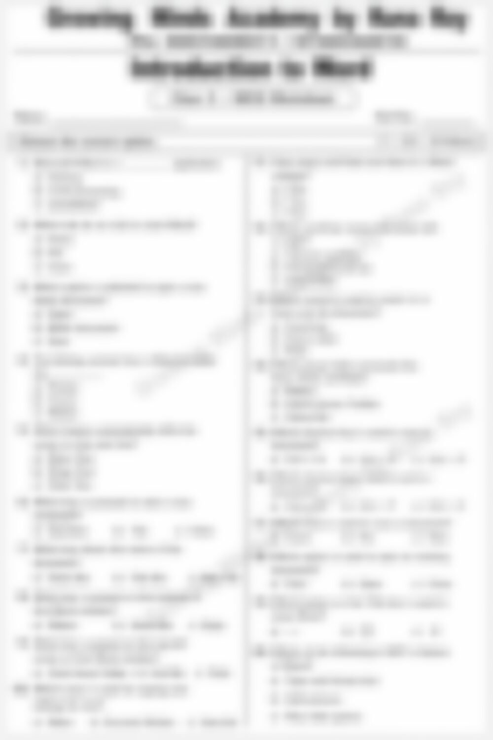 Class 3 Computer Worksheet: Introduction to Ms Word - page 1 preview