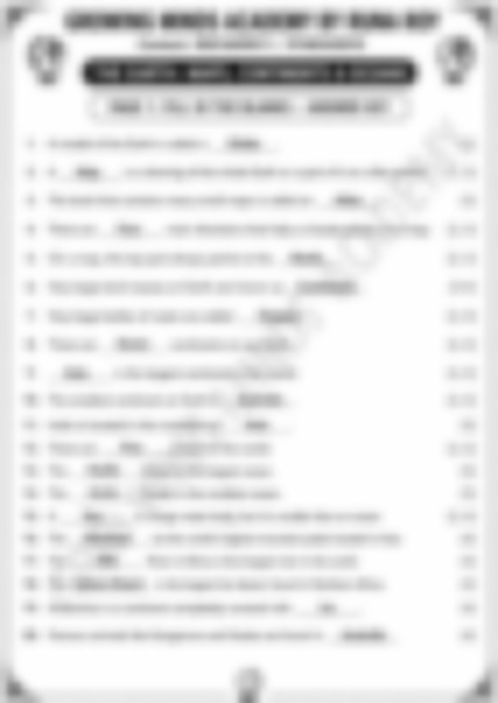 Class 3 SST Worksheet: Continents and Oceans - page 1 preview