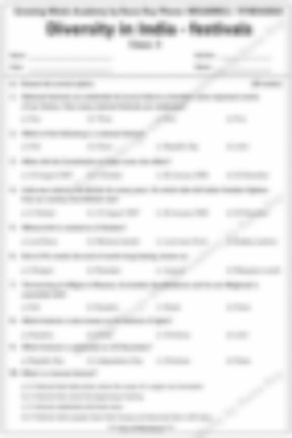 Class 3 SST Worksheet: Diversity in India - Festivals - page 1 preview