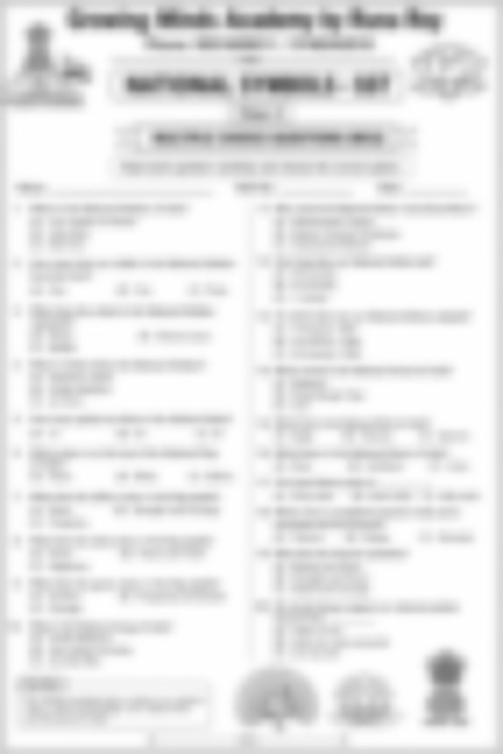 Class 3 SST Worksheet: National Symbols (sst) - page 1 preview