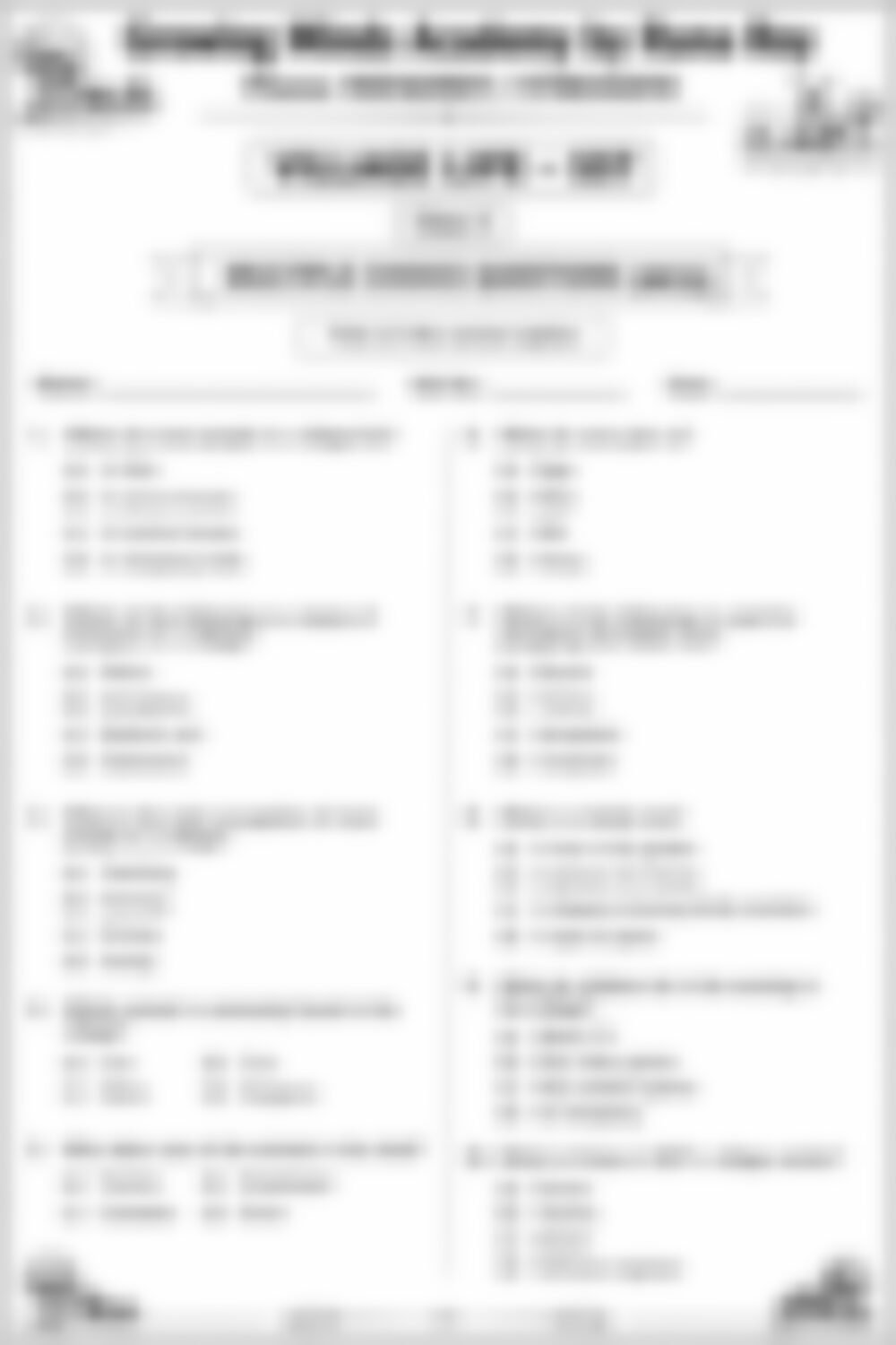 Class 3 SST Worksheet: Village Life - page 1 preview