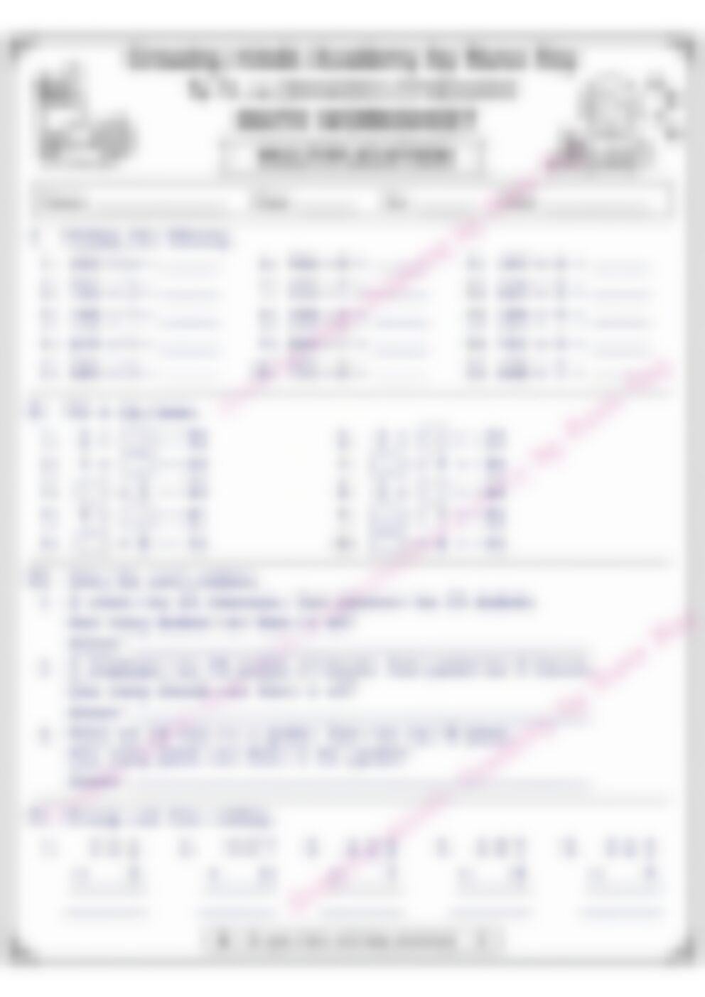 Class 4 Math Worksheet: Multiplication 3, 4 Digits - page 1 preview
