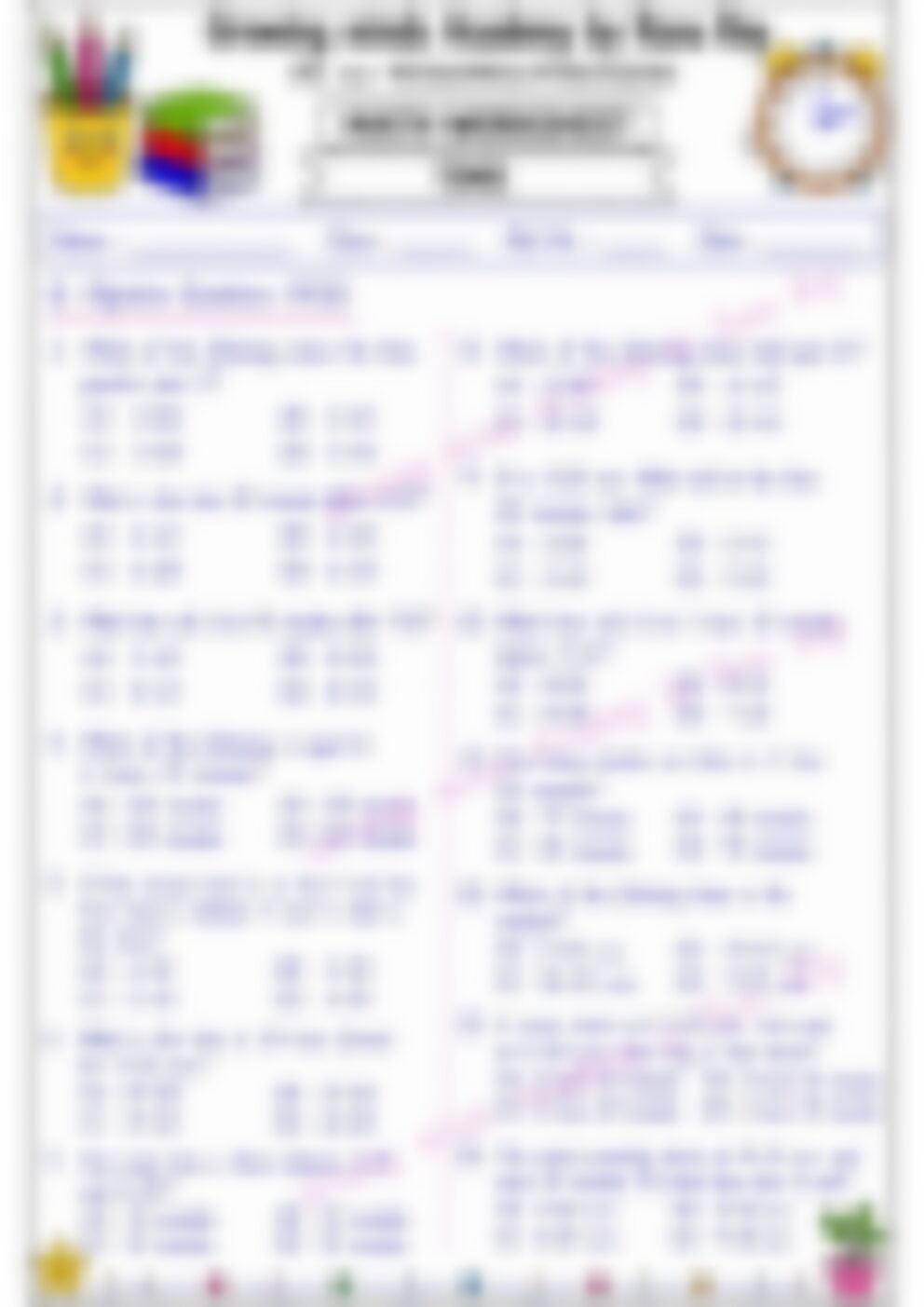 Class 4 Math Worksheet: Time 1 - page 1 preview