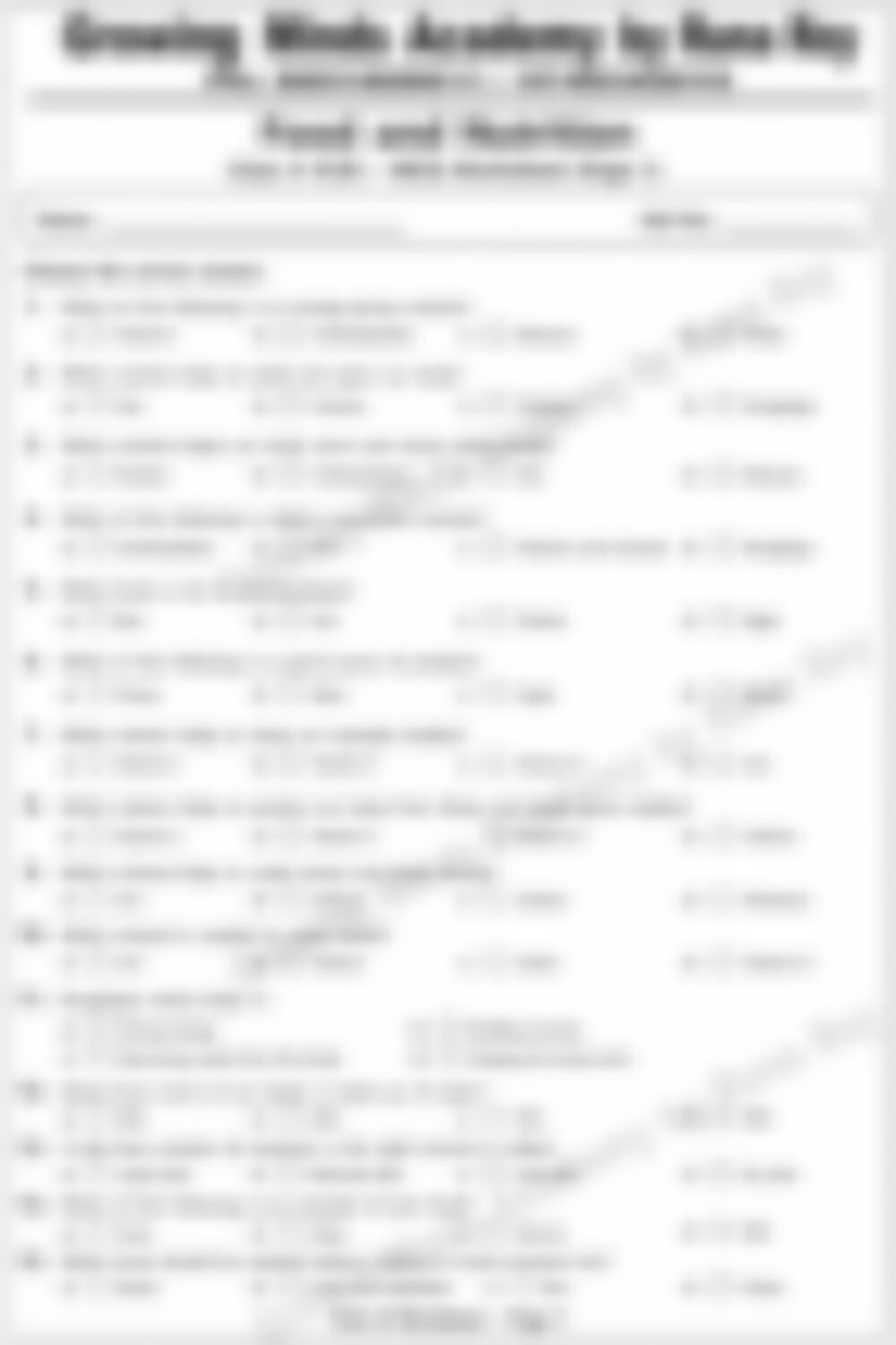 Class 4 Science Worksheet: Food and Nutrition - page 1 preview