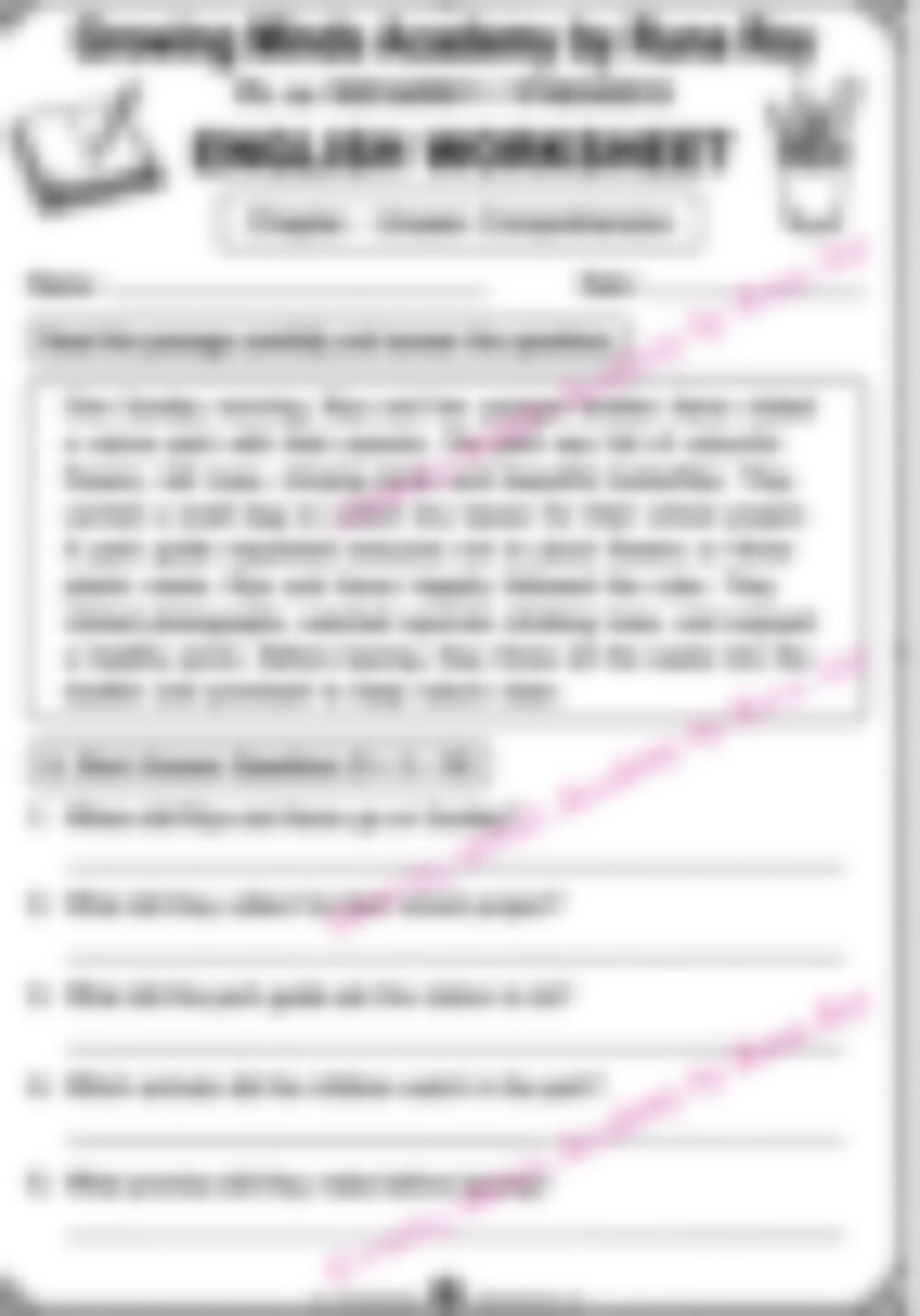 Class 5 English Grammar Worksheet: Unseen Comprehension - page 1 preview