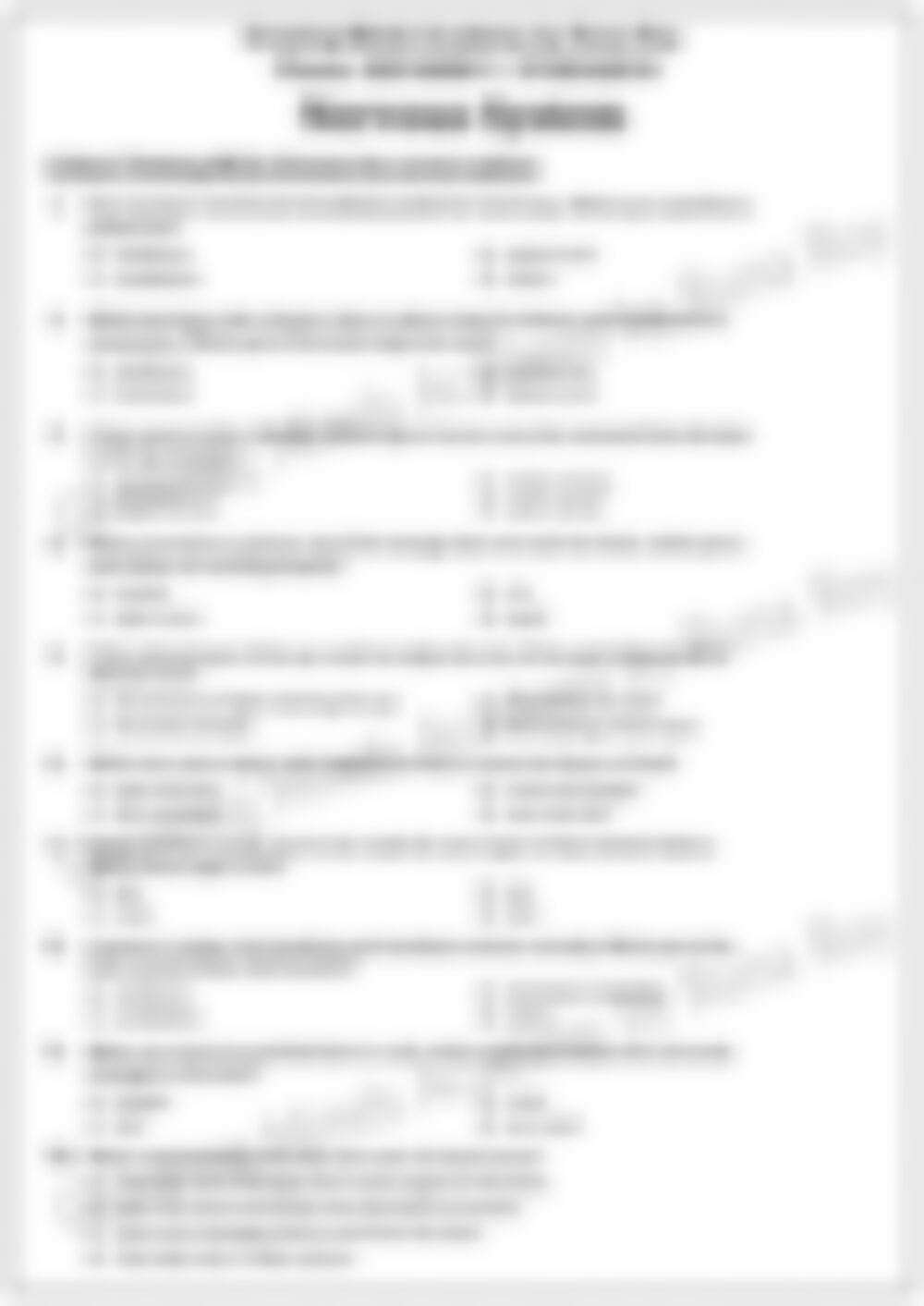 Class 5 Science Worksheet: Nervous System - page 1 preview