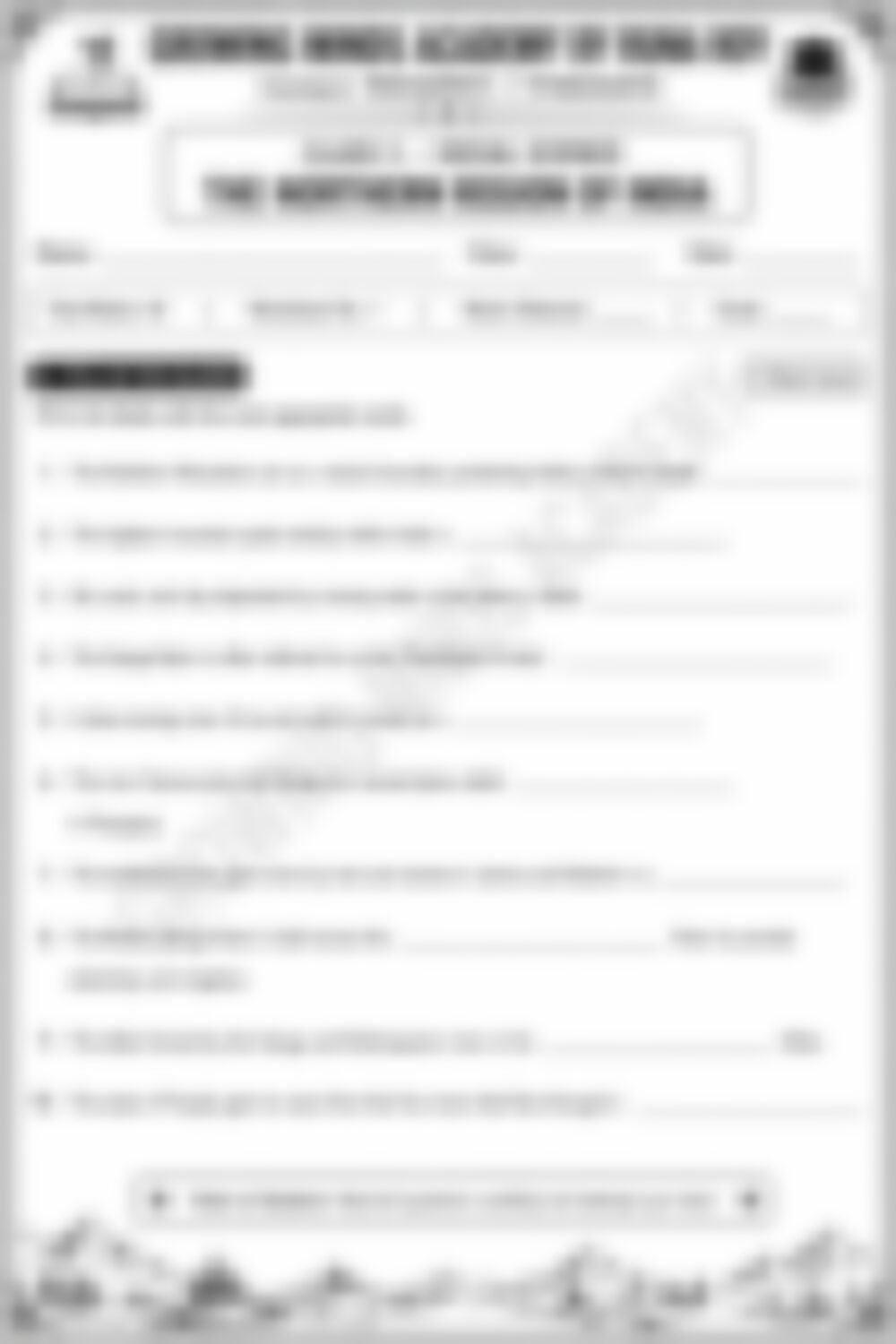 Class 5 SST Worksheet: Northern Region of India - page 1 preview