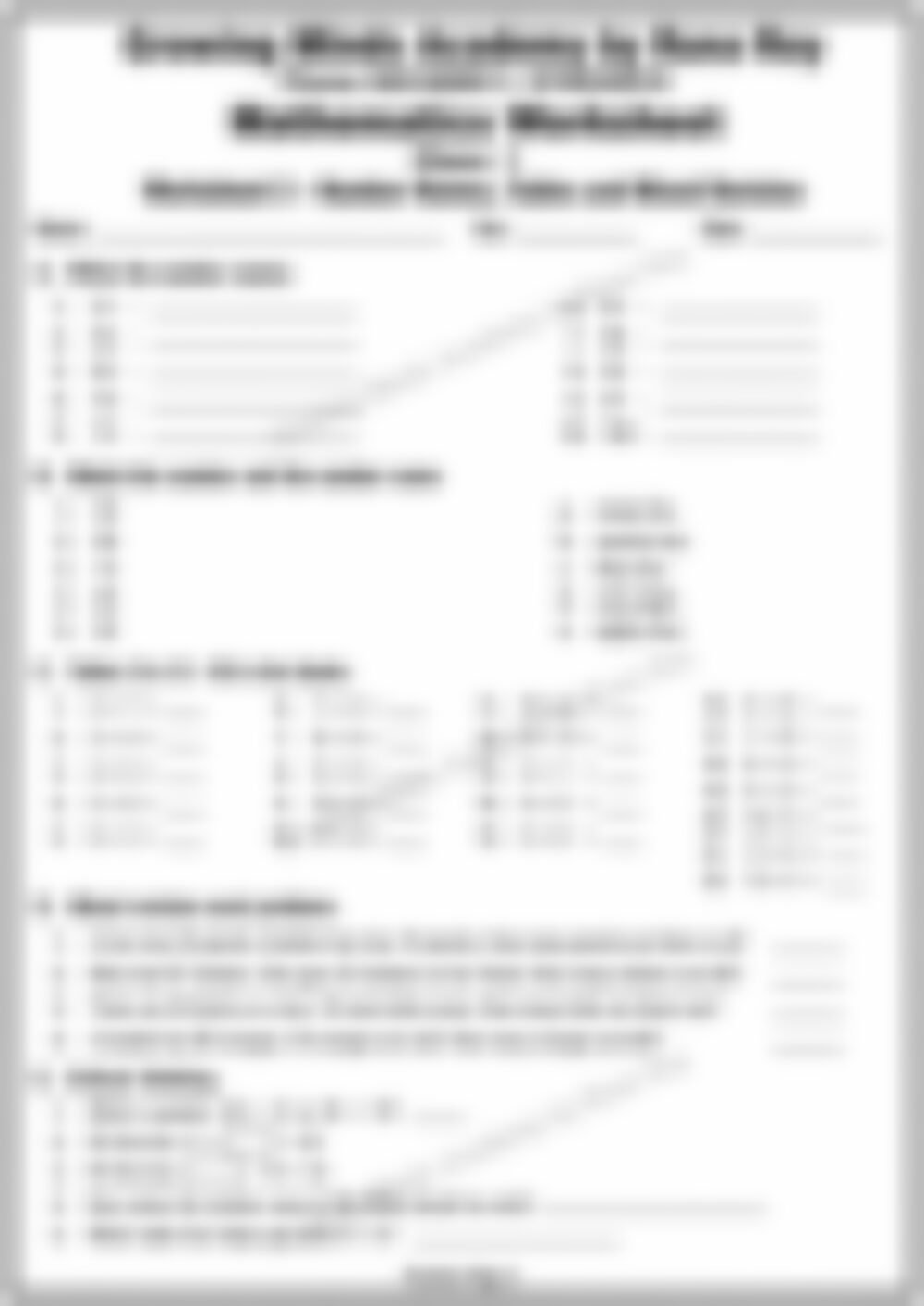 Class 1 Math Worksheet: Number Names, Tables and Mixed Revision - page 1 preview