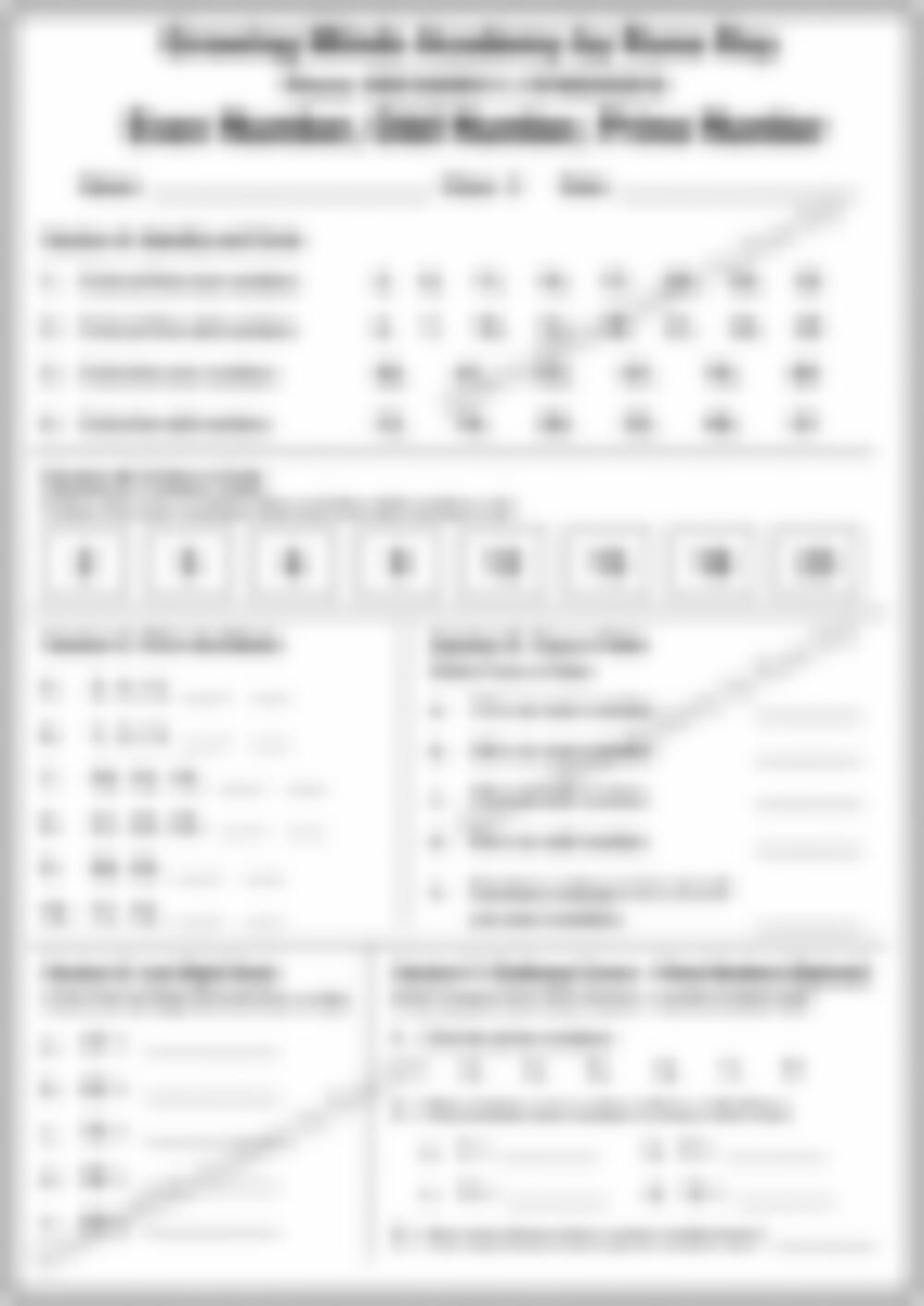 Class 2 Math Worksheet: Even, Odd and Prime Numbers - page 1 preview