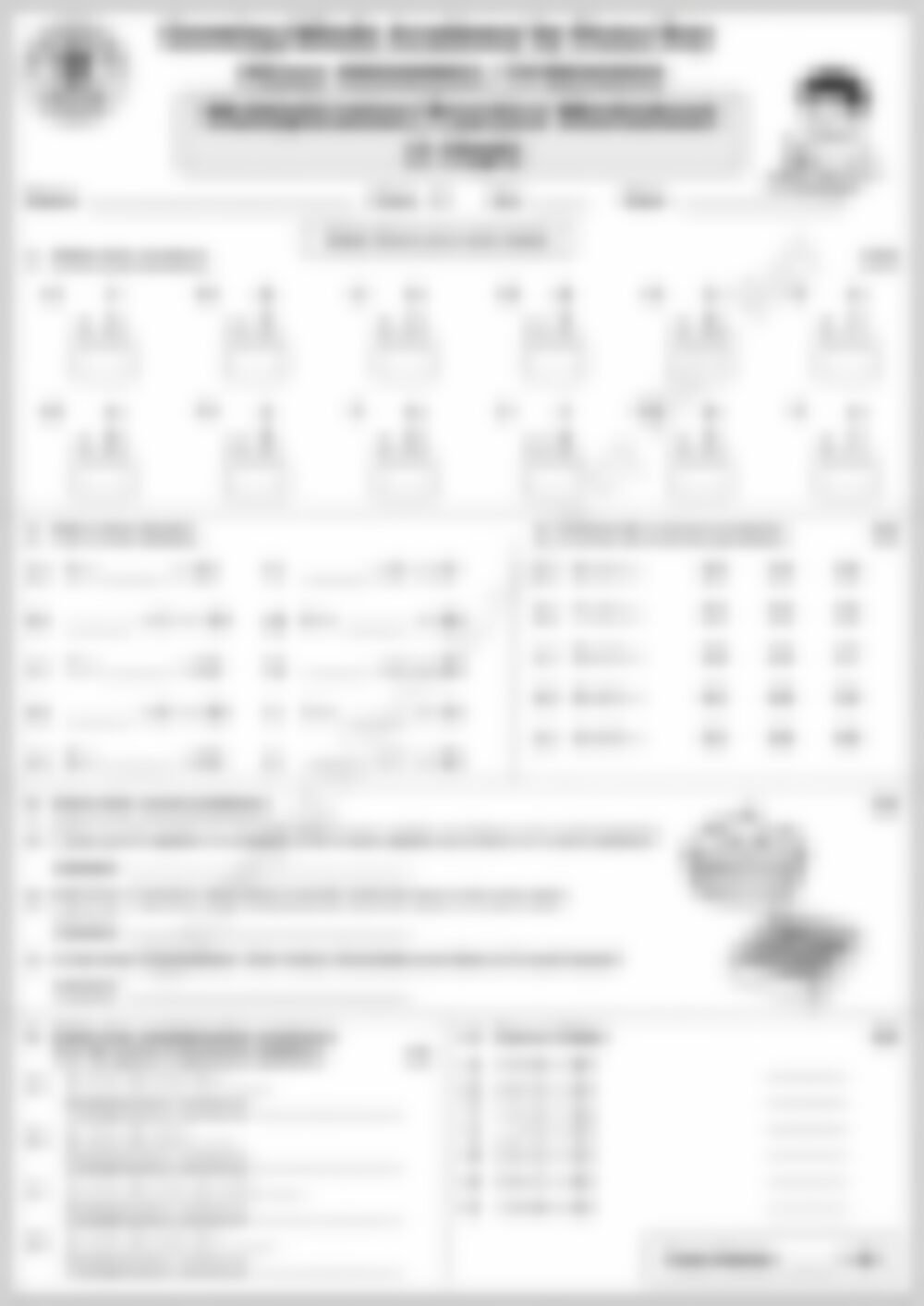 Class 2 Math Worksheet: Multiplication (1-Digit) - page 1 preview