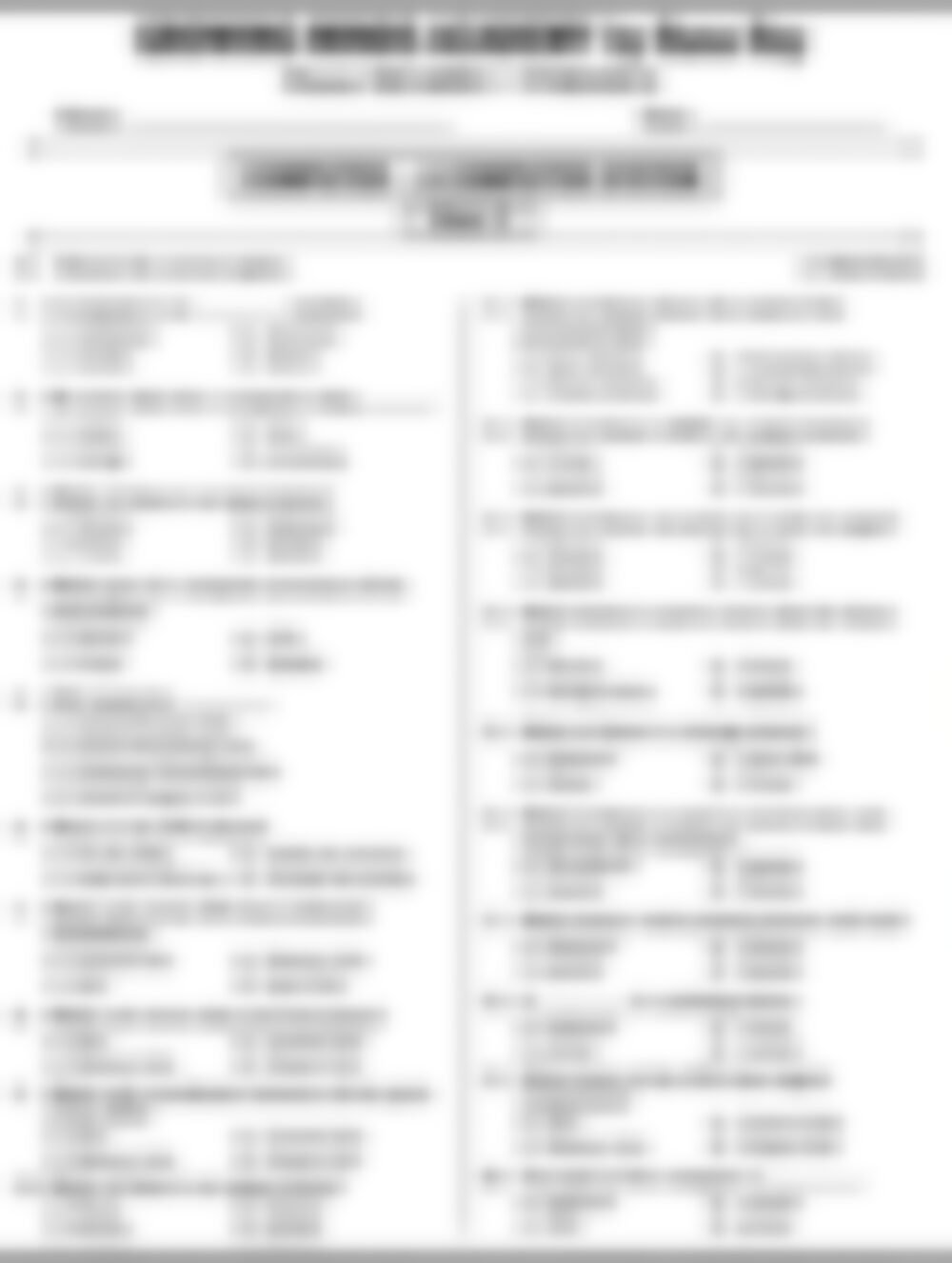 Class 3 Computer Worksheet: A Computer System - page 1 preview