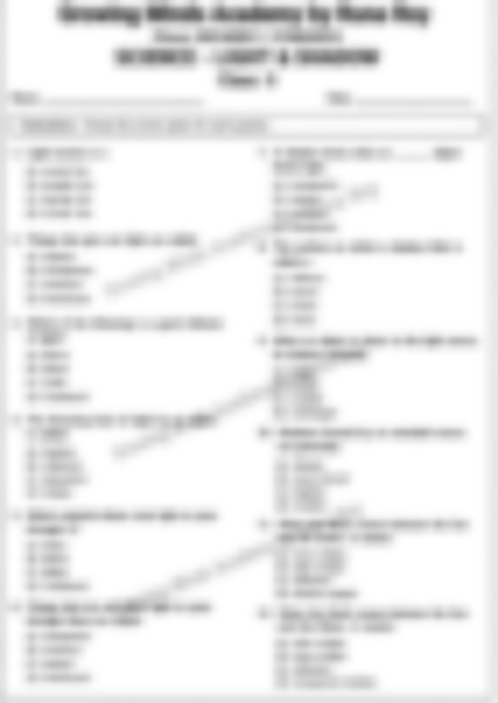 Class 5 EVS Worksheet: Light and Shadow - page 1 preview